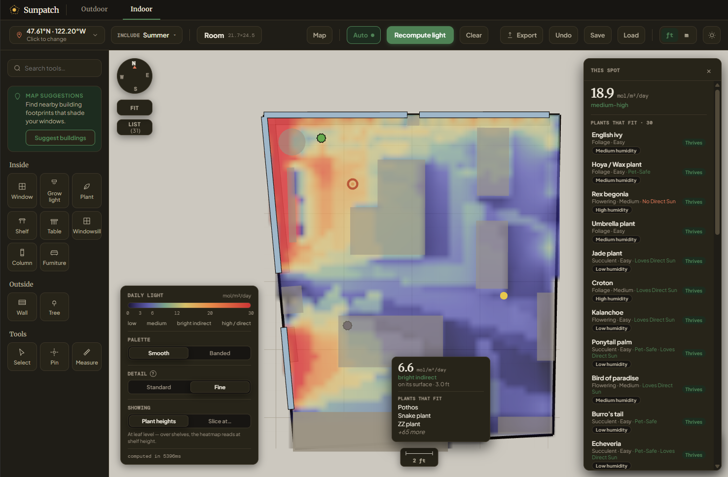 Sunpatch in dark mode showing a daily-light heatmap across a top-down room layout, with windows along one wall and houseplant suggestions for the pinned spot