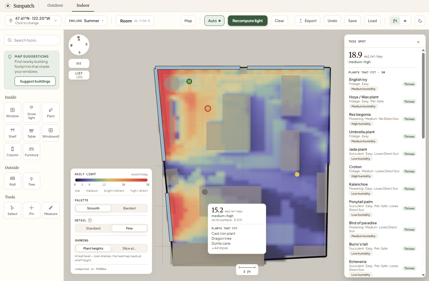 Sunpatch showing a daily-light heatmap across a top-down room layout, with windows along one wall and houseplant suggestions for the pinned spot