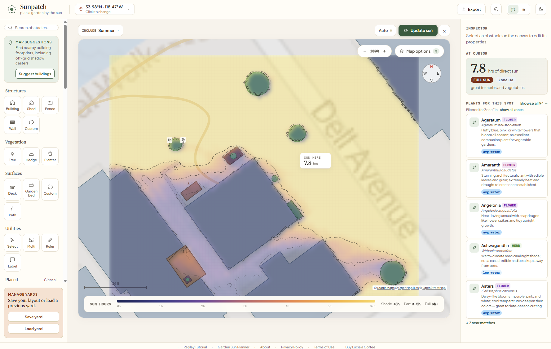 Sunpatch showing a sun exposure heatmap across a yard layout, with shade from buildings and trees and plant suggestions in the sidebar