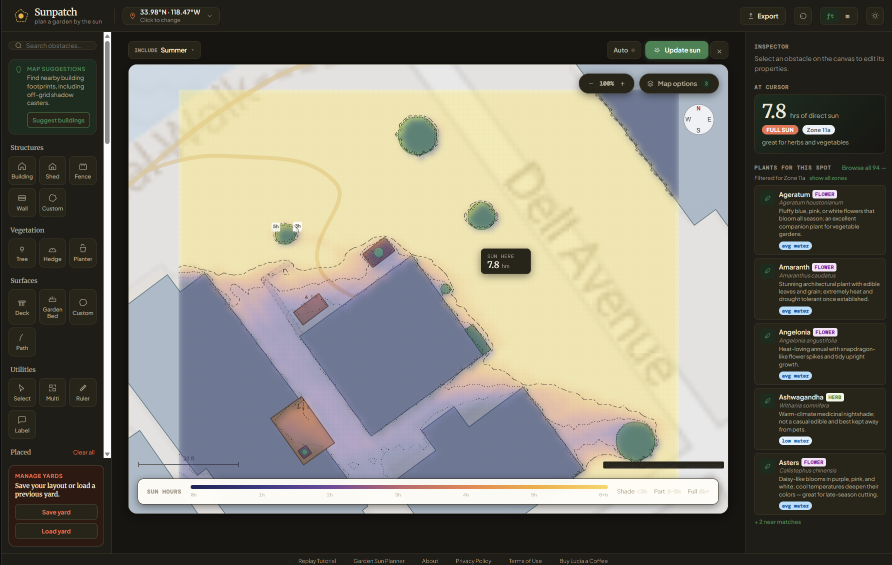 Sunpatch in dark mode showing a sun exposure heatmap across a yard layout, with shade from buildings and trees and plant suggestions in the sidebar